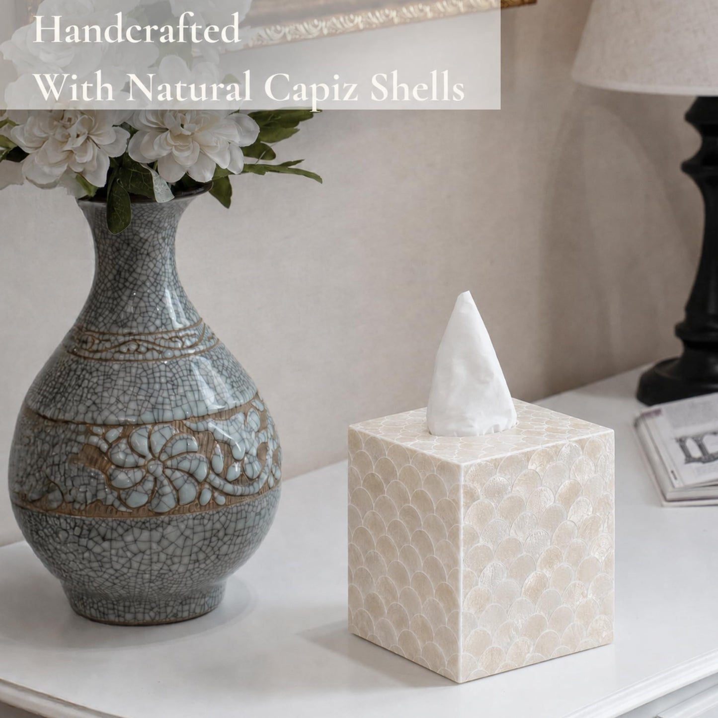 5.9" Capiz Shell Tissue Box Cover for Kleenex and More, Square Decorative Holder with Bottom Slider, Handmade Bathroom Accessory Coastal Décor (Natural)