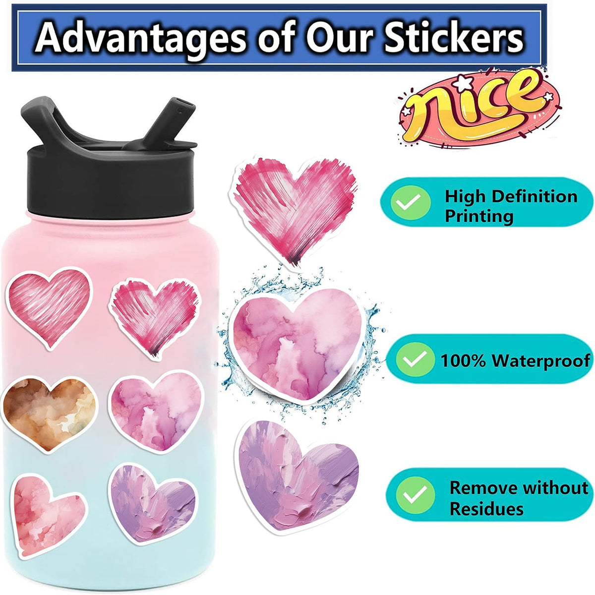 50 PCS Love Stickers Heart Sticker Cute Sticker for Journaling Laptop Scrapbook Water Bottles Guitar Suitcase Phone Snowboard Waterproof Vinyl Gifts for Women Girl Kids Adult Teens