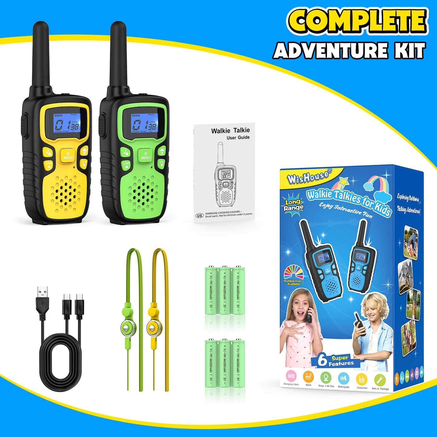 Wishouse Walkie Talkies for Kids Rechargeable Long Range,Xmas Birthday Gift for 4 5 6 7 8 9 Year Old Boy Girl,Hiking Gear Camping Games Cool Toys with NOAA,SOS Siren,Lamp,Lanyards,2 Pack Yellow Green