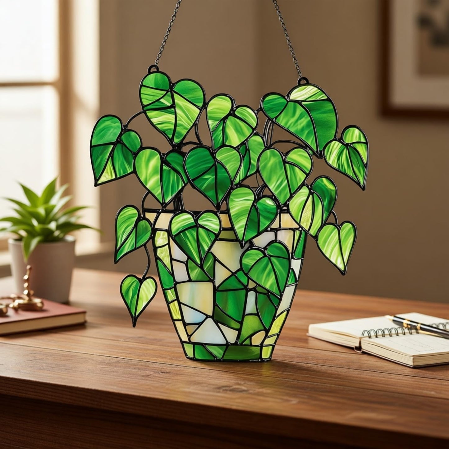 Pothos Monstera Pot Handmade Resin Suncatchers, Artisan Boho Sun Catcher Stained Glass Effect Window Hanging Garden Decor, Gift for Mother's Day Mom Grandma Wife Women