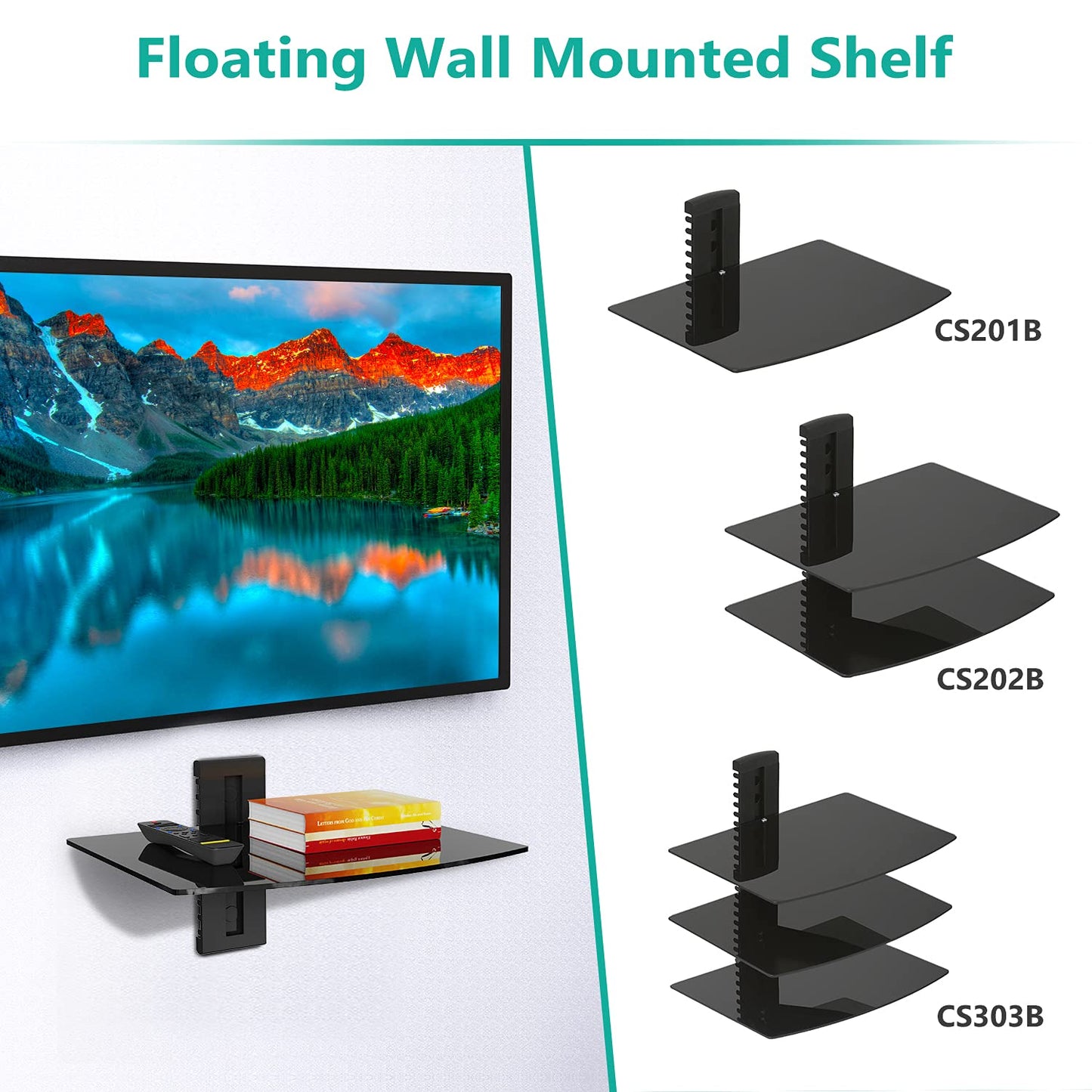 WALI Floating TV Shelf, 1 Tier Glass Projector Shelf for DVD Players, Routers, Game Consoles, Cable Boxes, Living Room Decor, Wall Mount Shelves Hold Up to 17.6lbs (CS201B), 1-Shelf, Black