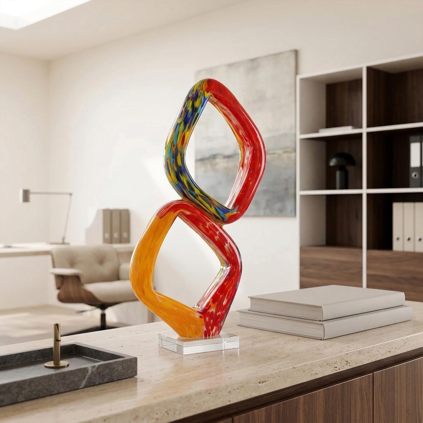 LCCCK 17.7in Tall Abstract Orange Glass Sculpture Large Hand Blown Glass Figurine Handblown Statue for Home Decor Living Room Shelf Mantel Tabletop Display Modern Art Accent Piece