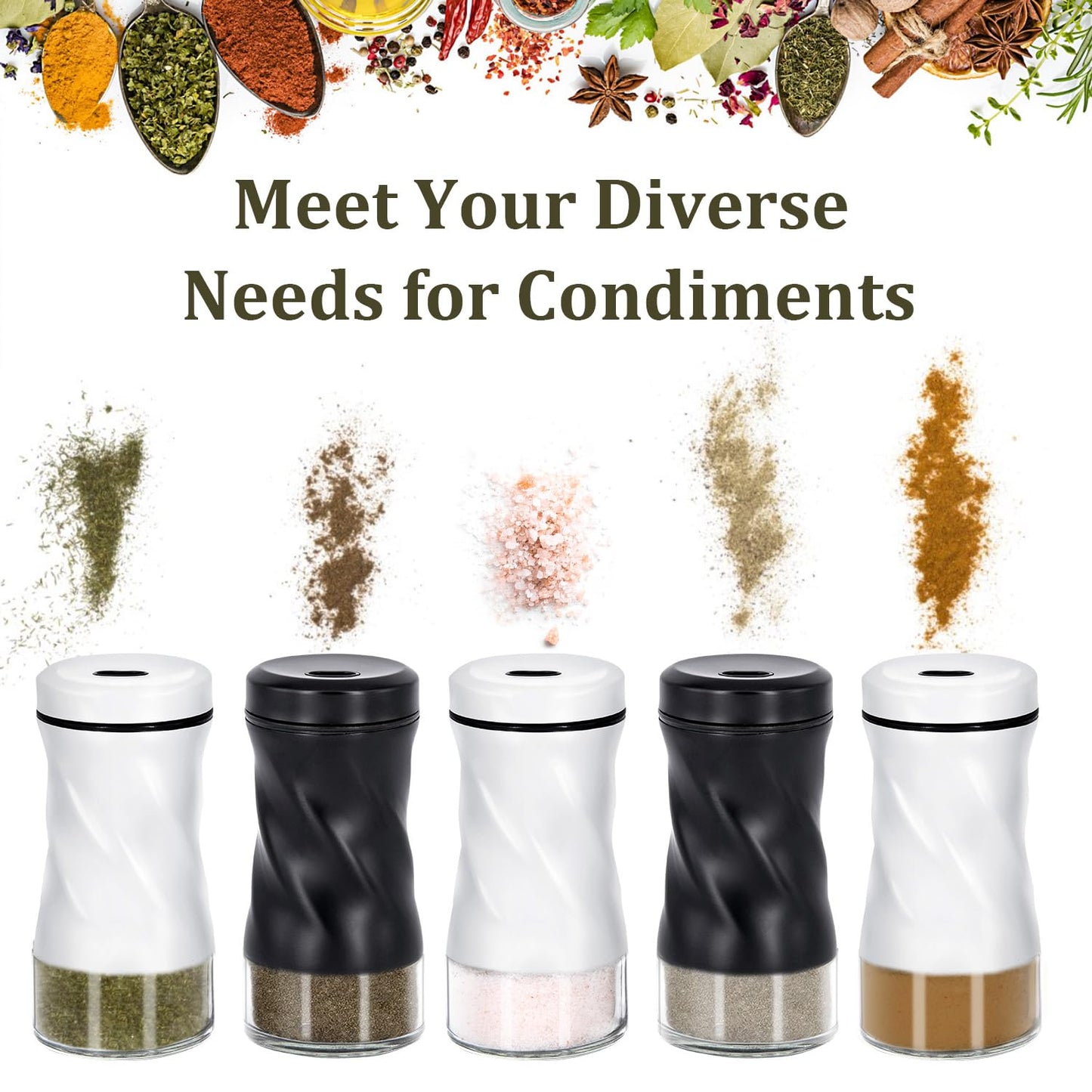 Farmhouse Salt and Pepper Shakers with Adjustable Pour Holes, Refillable Glass Salt Shaker with Stainless Steel Lids by NEODACO, Ideal for Himalayan, Kosher, and Black Pepper (Black & White)