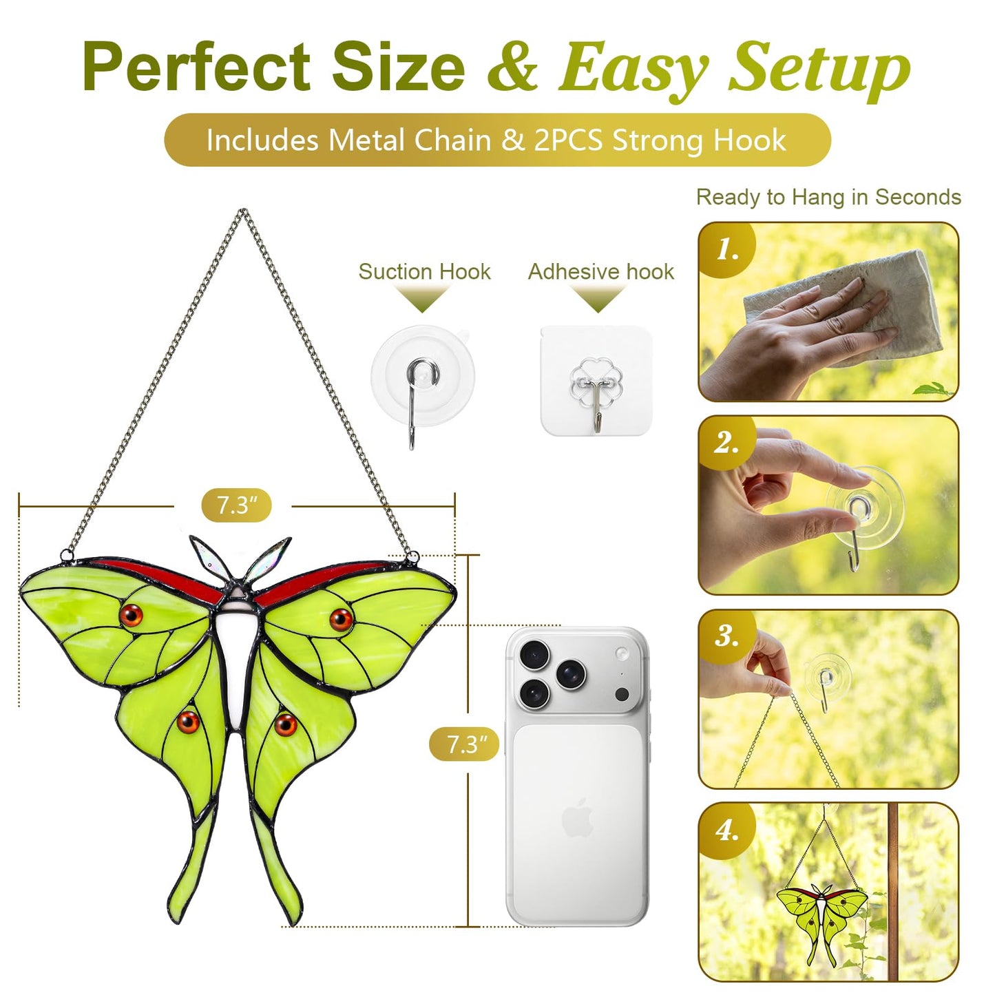 Luna Moth Stained Glass Window Hanging - Handmade Real Glass Suncatcher for Meditation Room, Spiritual Decor, Sun Catcher for Windows, Vibrant Gift for Women & Mom, 7.3 Inch Green Glass Art