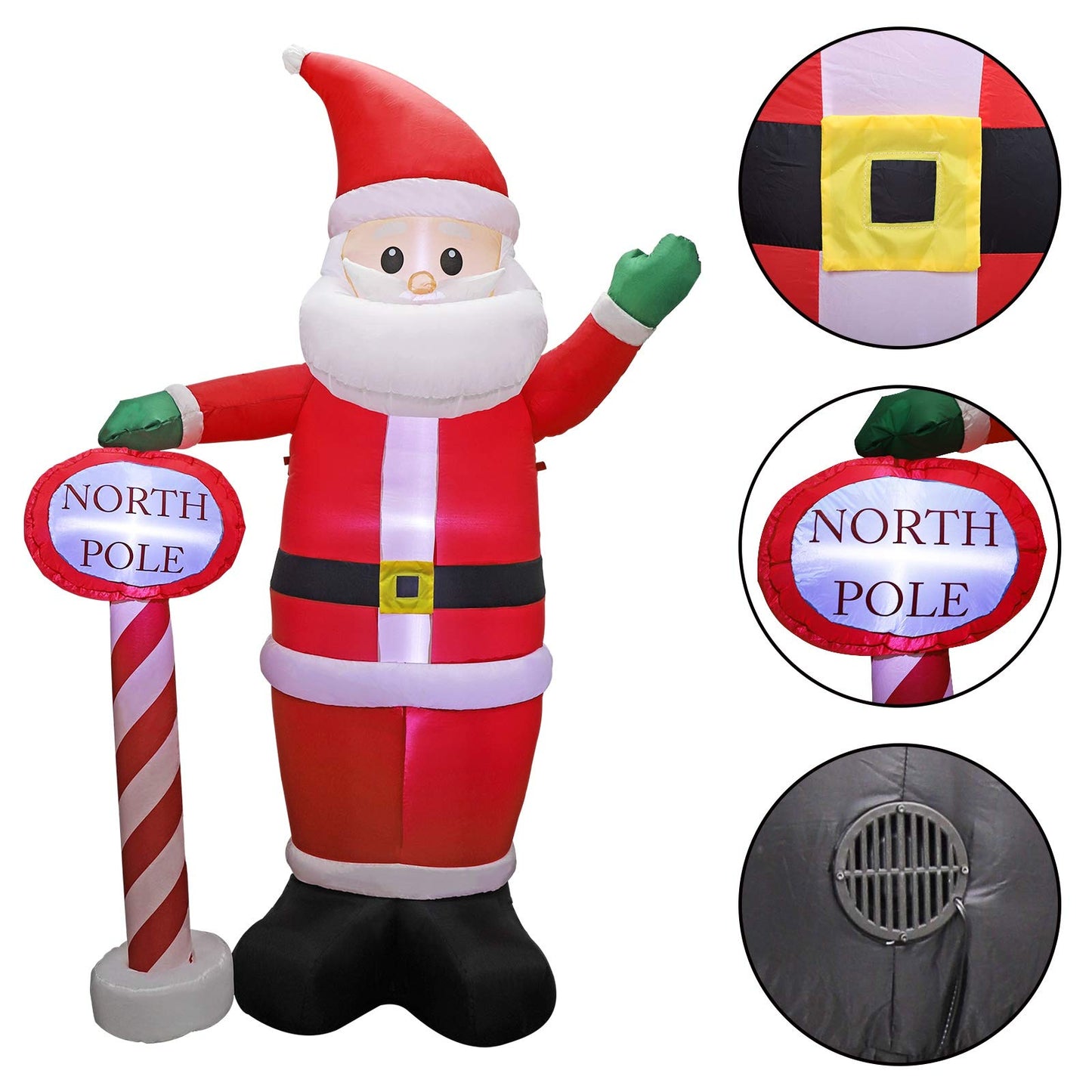MorTime 8 FT Christmas Inflatable Santa Claus with Guidepost, Blow up Lighted Giant Wave Santa Claus North Pole with LED Lights Yard Decoration Party Display for Xmas Outdoor Decorations