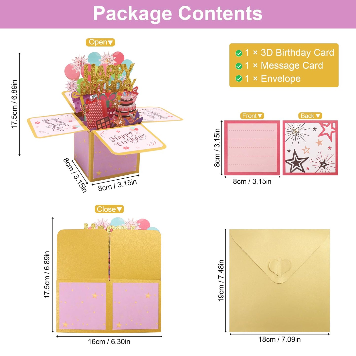Fushing 3D Pop Up Birthday Card - Sweet Birthday Box Greeting Card Box with Blank Message Card & Envelope, Unique Handmade Scrapbook for Wife, Women, Men, Kids, Daughter, Son, Mom, Dad, Friend (Pink)