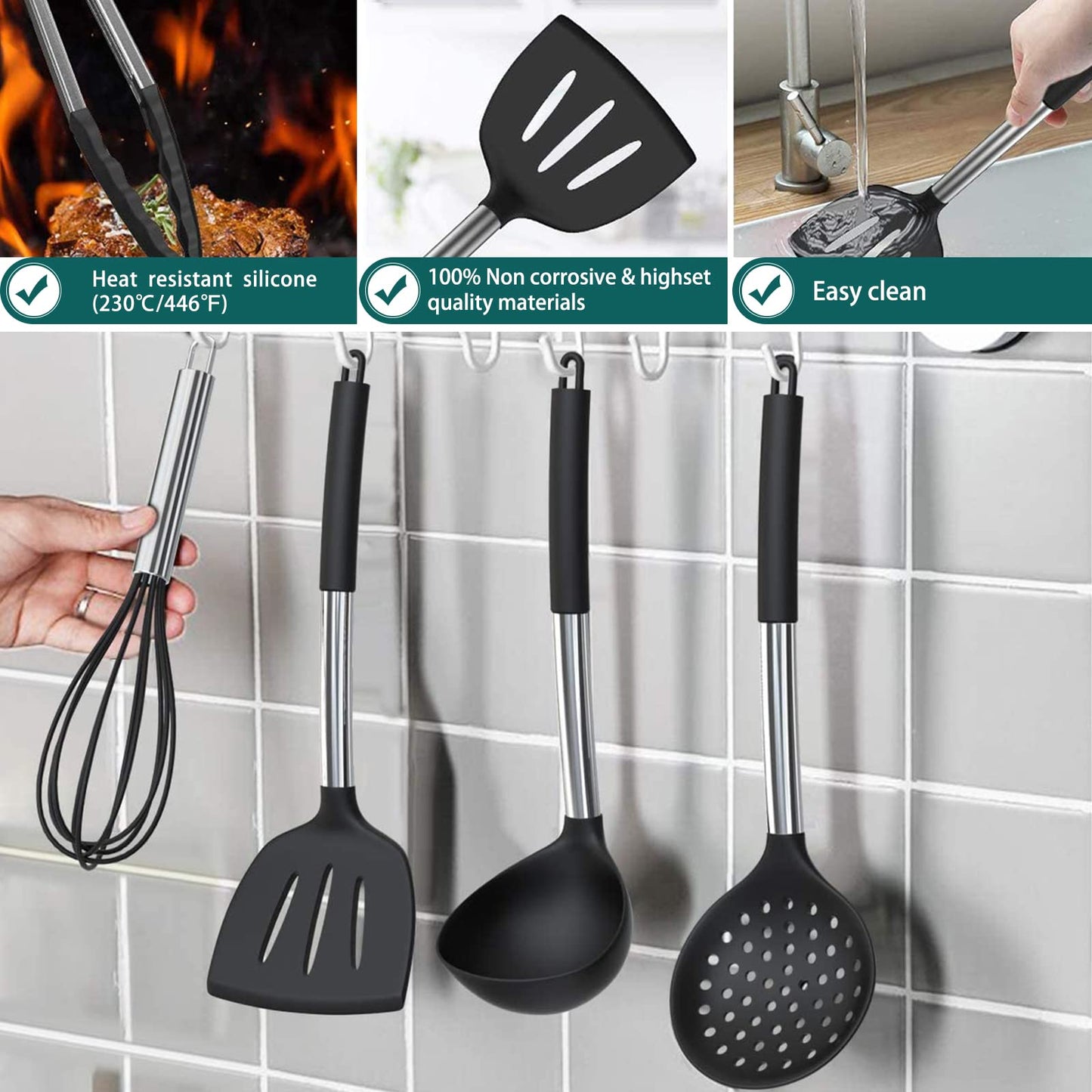 Stainless Steel Kitchen Cooking Utensil Set, Umite Chef 15 pcs Cooking Utensils - Nonstick Kitchen Utensils Cookware Set Spatula Set -Kitchen Gadgets Utensils Set, Kitchen Tools Gift (Gray)