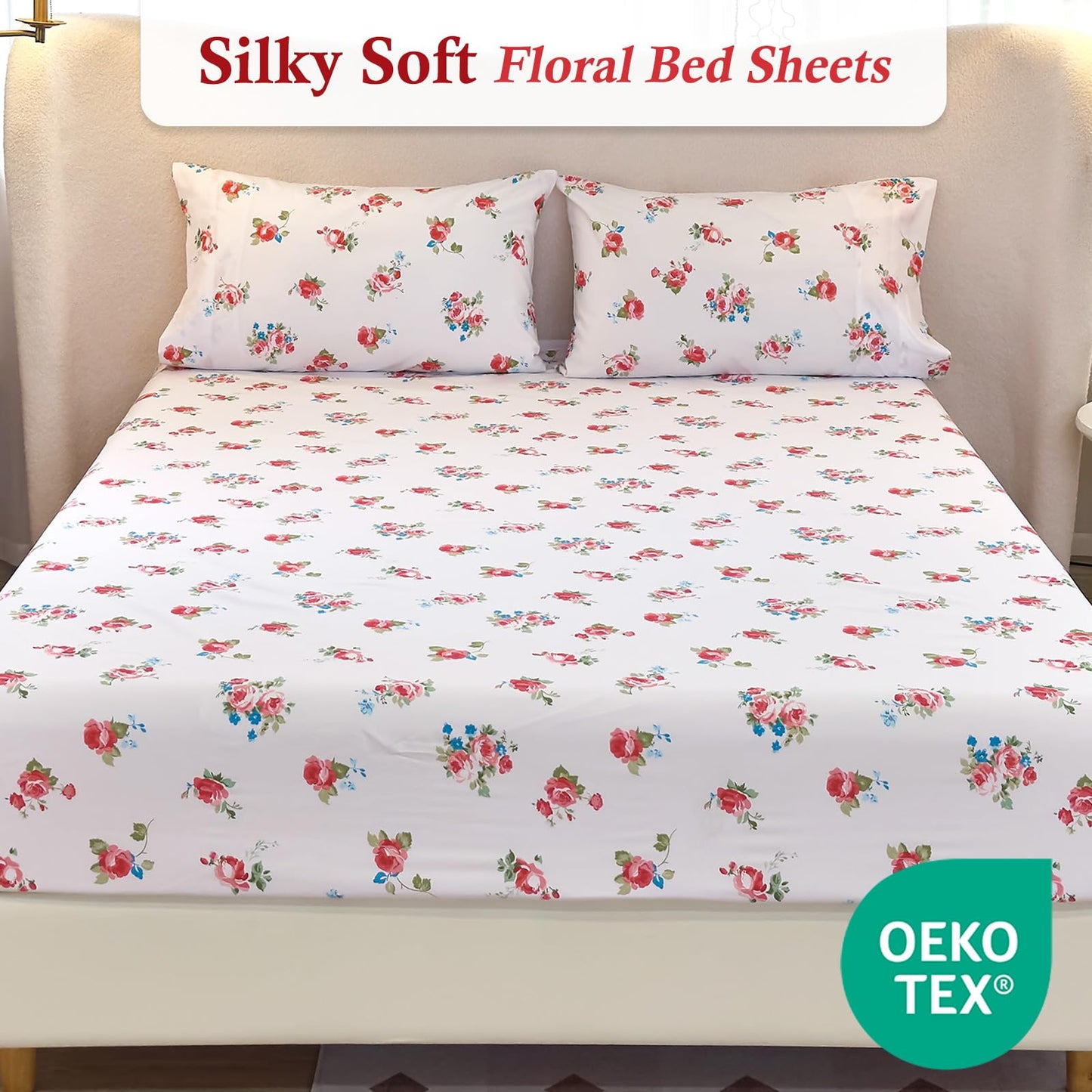 MICORAL Floral Queen Sheet Set, 4-Piece Printed Bed Sheets, 16" Deep Pocket, Ultra Soft & Cooling Sheet, Oeko-TEX Certified, Garden Rose