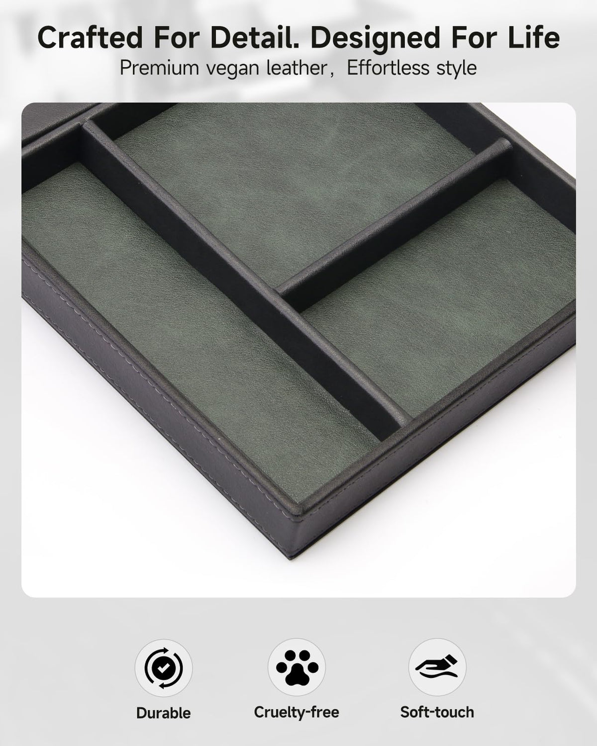 Valet Tray, Built in Wireless Charging Pad, Nightstand Organizer, Two-Toned Premium Vegan Leather Desk Bedside Caddy Organizer Tray for Keys, Watch, Wallet, Jewelry (Black+Green)