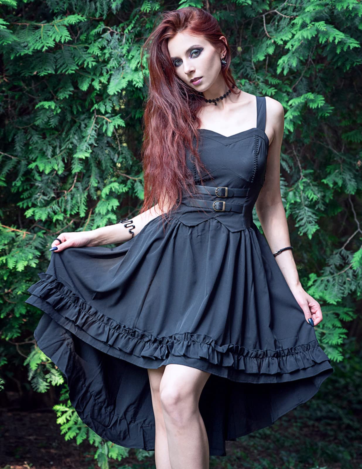 Scarlet Darkness Steampunk Dress for Women Ruffle High-Low Hem Gothic Witch Dresses Halloween Costumes Black L