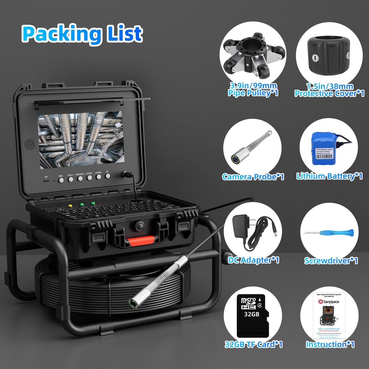 Sanyipace Sewer Camera with 512Hz Transmitter,10" Plumbing Camera with Distance Counter, IP68 Camera with 12 Adjustable LEDs,32GB DVR for Sewer Line,Home,Duct Drain Pipe Plumbing(100ft/30m,7mm Cable