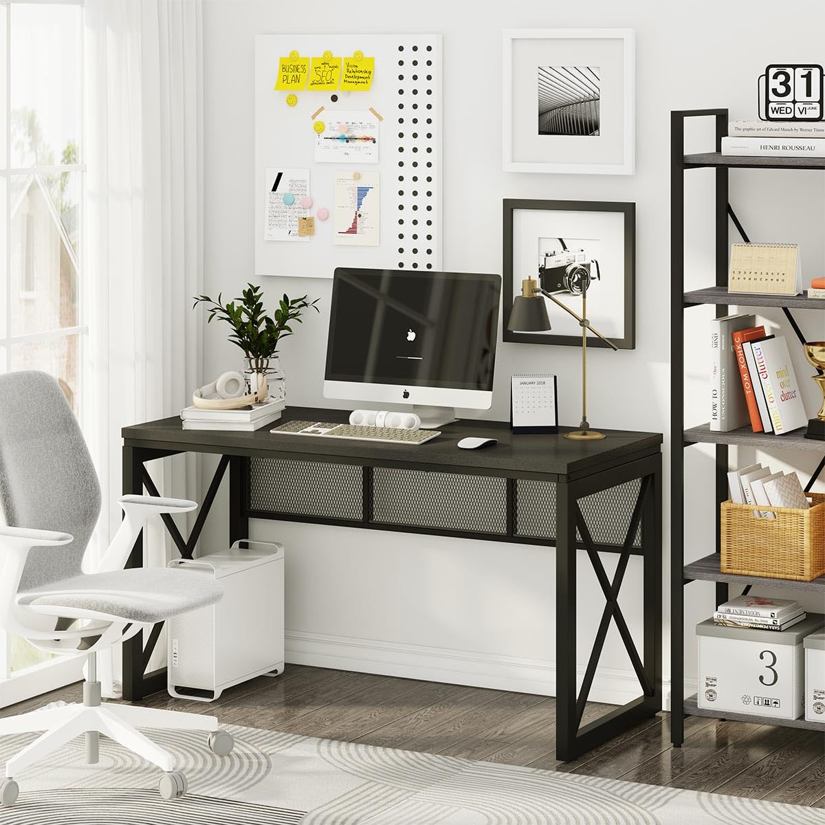 BON AUGURE Black Computer Desk, Modern Gaming Desk, Industrial Wood Office Desks, Sturdy Writing Desks for Home Office, Living Room, Study Workstation, Bedroom (Black, 54 Inch)
