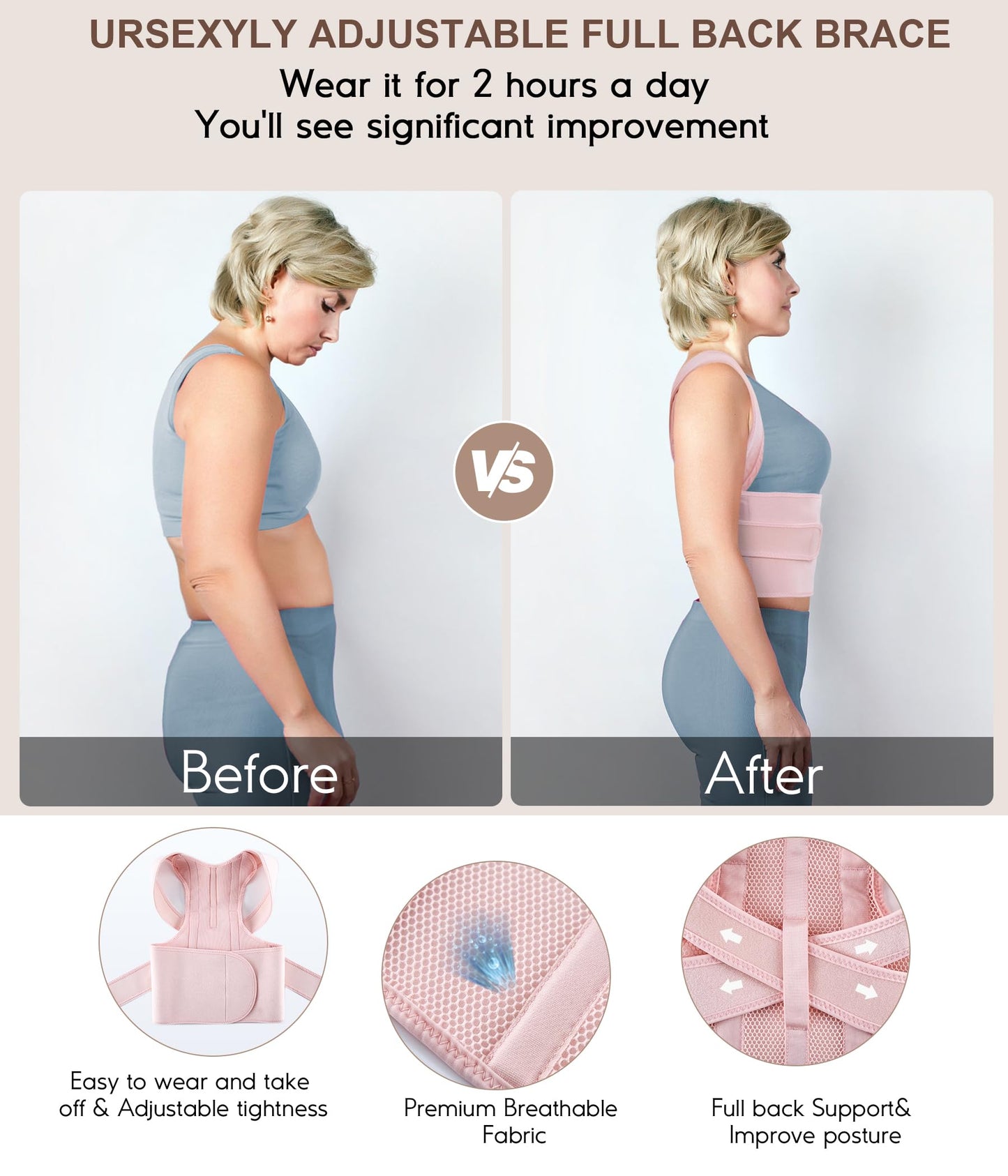 URSEXYLY Back Brace Posture Corrector for Women Adjustable Shoulder Straightener Full Back Support Upper, Lower Back Pain Relief,Spine Straightener Posture Corrector (Pink, XX-Large)