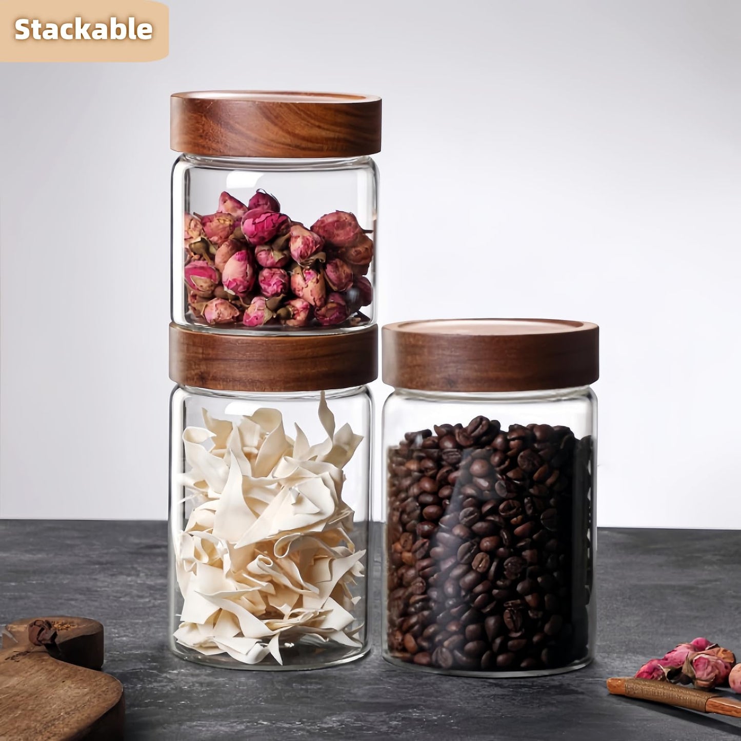 28 Fl oz/850 ml Glass Food Storage Jar, Premium Clear Glass Container Jar with Airtight Screw-on Wooden Lid, Kitchen Canisters for Coffee,Tea,Pasta,Cookies, Nuts,Spice,Candy,Overnight Oatmeal(Medium)