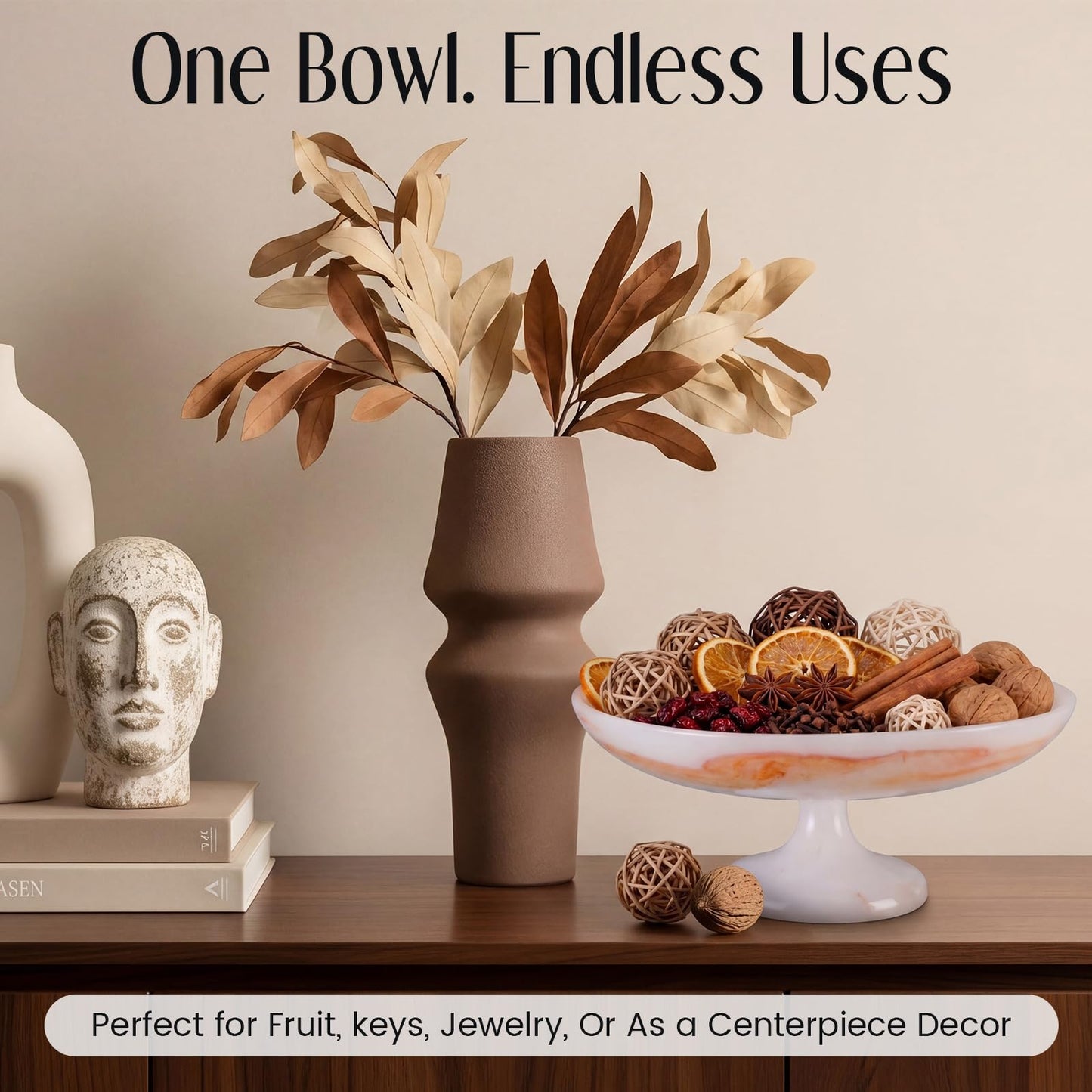 Singhoow 10 Inch Marble Fruit Bowl for Kitchen Counter Resin Large Decorative Bowls with Pedestal for Home Entryway Kitchen Storage Dining Table Centerpiece House Warming Gifts