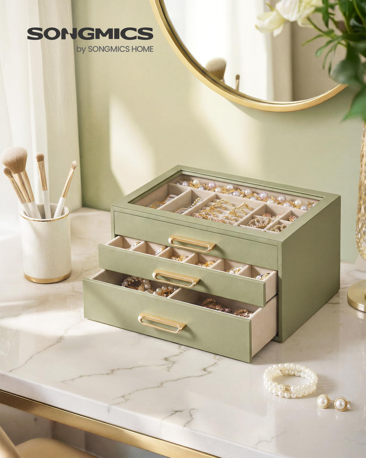 SONGMICS 3-Layer Jewelry Box with Glass Window, Jewelry Storage Organizer with 3 Drawers, Golden Handles, for Rings, Earrings, Bracelets, Gift Idea, Sage Green, 6.3 x 9.4 x 4.9 Inches UJBC206CE01S