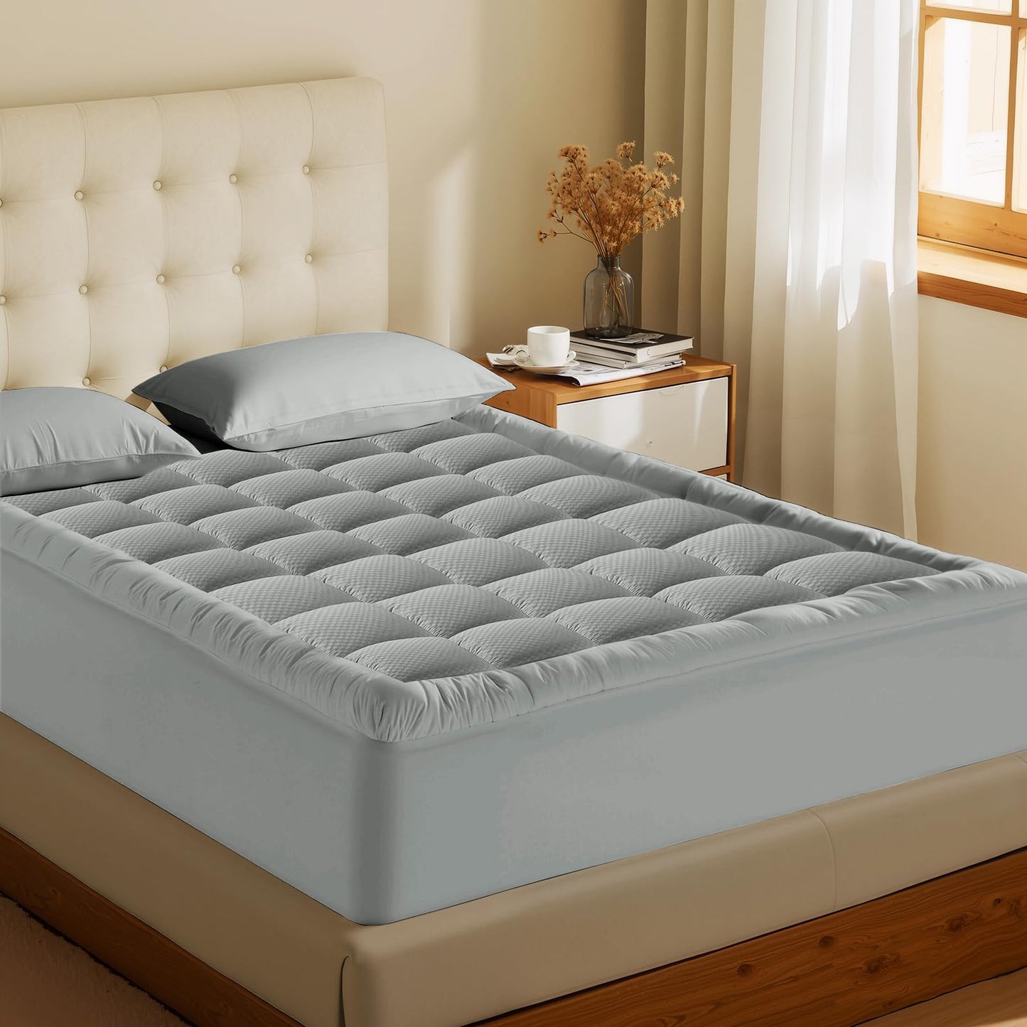 MATBEBY Queen Size Mattress Pad - Cooling Breathable Mattress Topper, Quilted Fitted Mattress Protector, Pillow Top Mattress Cover with 8-21" Deep Pocket, Machine Washable, Light Grey, 60x80 Inches