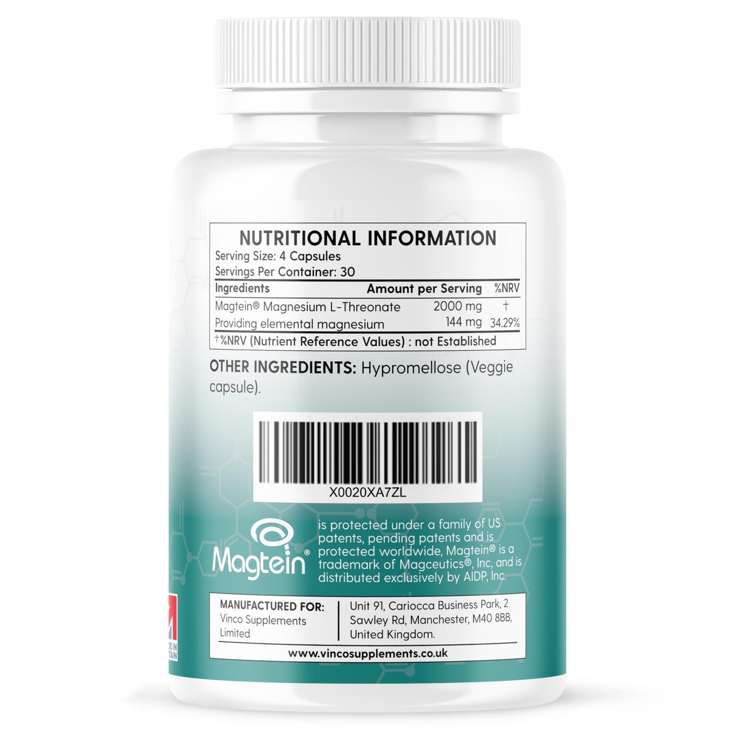 Vinco Magtein® Magnesium L-Threonate Supplement - 120 High Strength Magnesium L Threonate Capsules - 2000mg Bioavailable Form of Magnesium per Serving - Non-GMO & Gluten Free – Made in The UK
