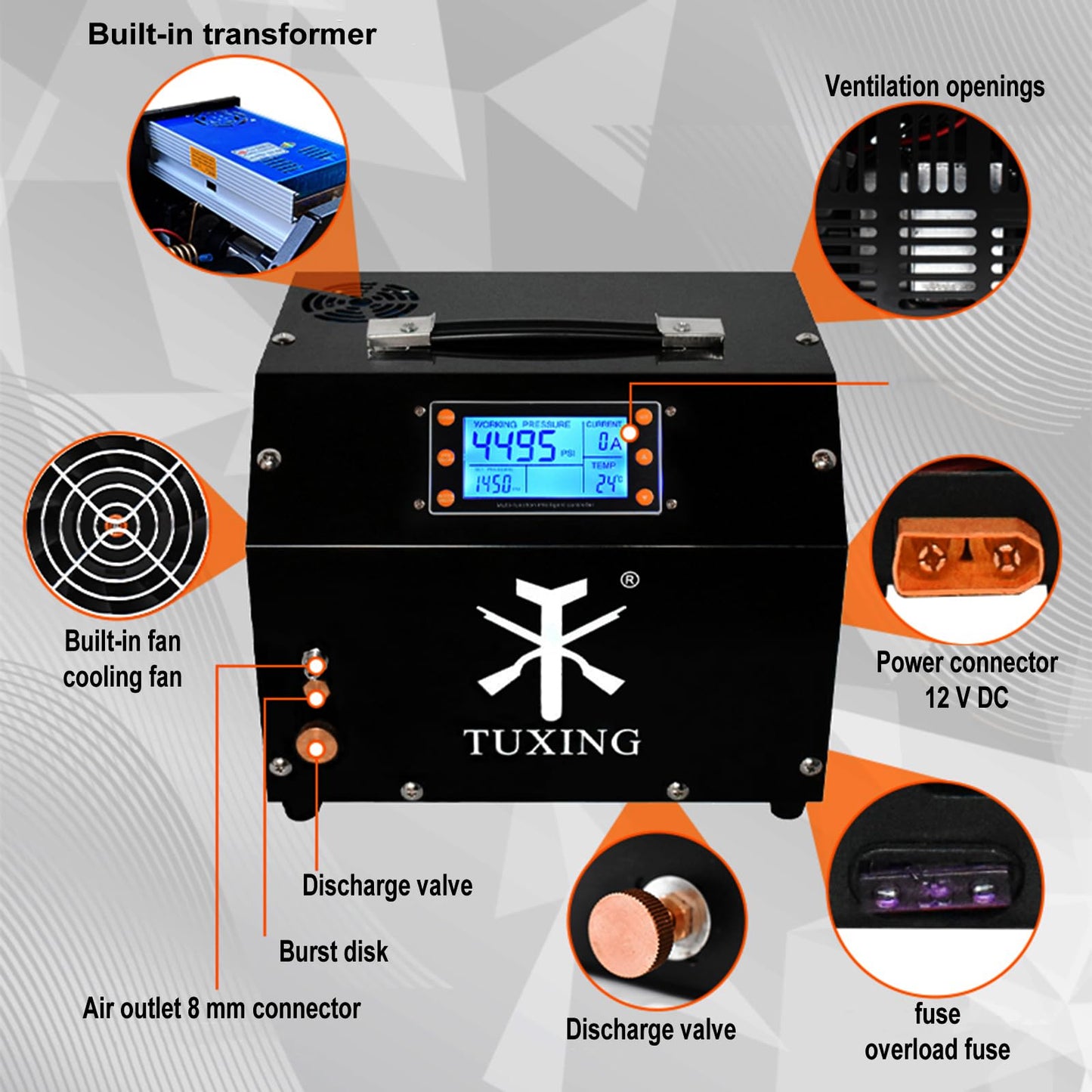 TUXING PCP Air Compressor 4500Psi, Auto-Stop High Pressure Compressor, Equipped with Water Cooling System, Scuba Diving Tank Pcp Air Rifles Charging 110V (TXET063)