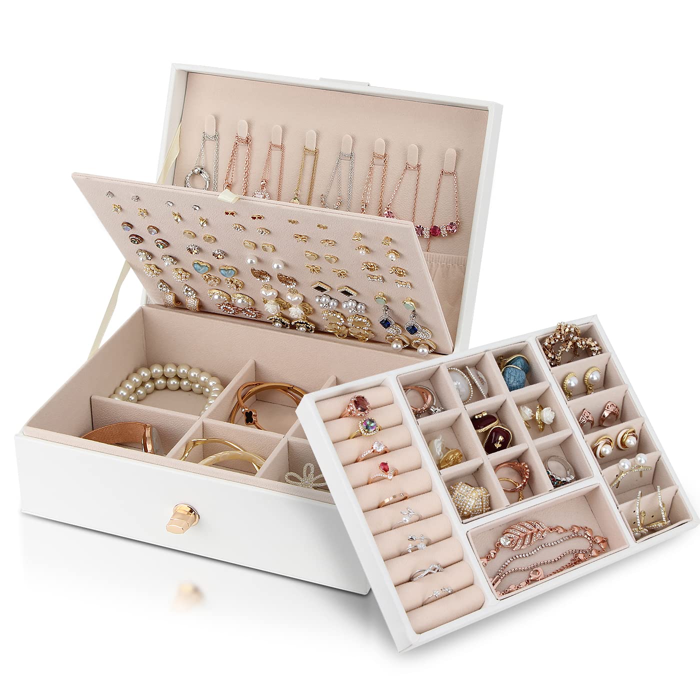 YONZONE Jewellery Box Organiser for Women Girls, 3 Layer Large Jewellery Case Storage with Removable Compartment for Necklace Earrings Rings Bracelets, PU Leather Travel Jewelry Boxes Gift, White
