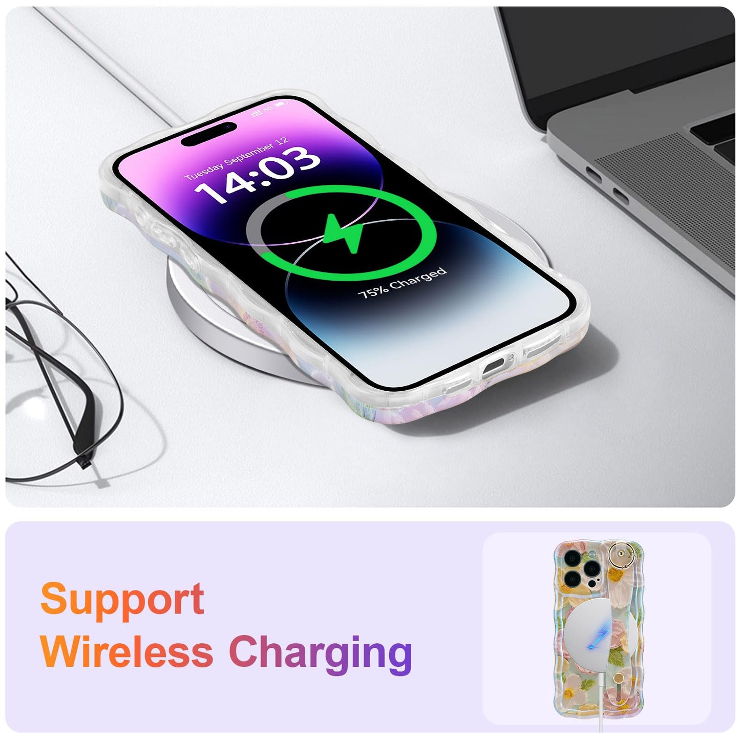 EYZUTAK Case with Hand Strap for iPhone 15 Pro, Colorful Oil Painting Flower Case with Wristband Kickstand Laser Curly Wave Edge Stylish Durable TPU Protective Cover for Women - Green