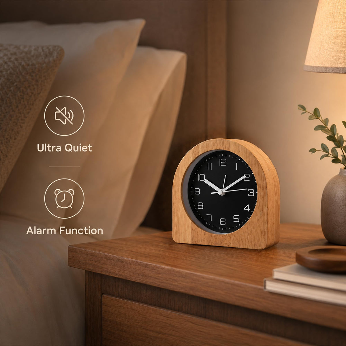 bakbrand Analog Alarm Clock 5" Silent Non-Ticking Small Solid Wood Desk Clocks Battery Operated Simple Style Retro Table Clock for Office/Bedroom/Kitchen/School/Bedside/Shelf (Light Wood, Arch)