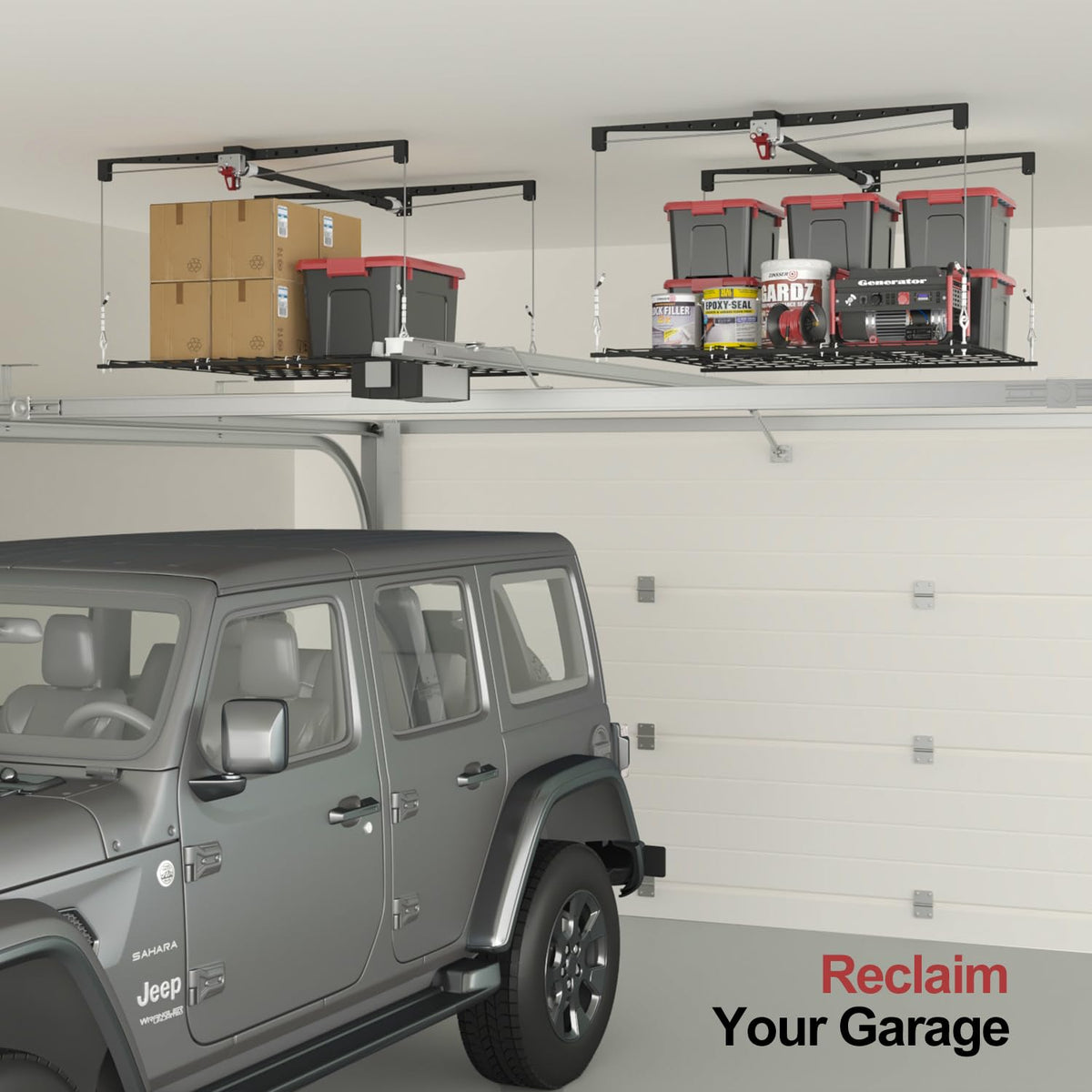 Overhead Garage Storage Rack for 12–14 FT Ceiling, Heavy-duty 4x4 FT Ceiling Storage Racks with Safety Lock, Ideal for Garage Storage Mounted Lift System and Storage Organizer, 250lbs Capacity