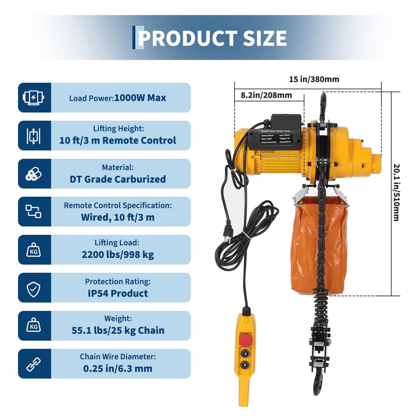 2200 Lbs Load Electric Chain Hoist, 120v Single Phase Overhead Crane with g100 Chain, 10 Ft Lifting Height for Garage, Shop, and Home