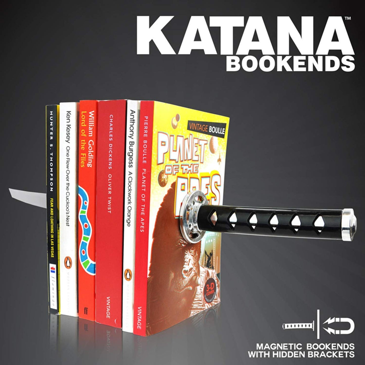 ZWCIBN Book Ends Decorative, Modern Metal Funny Unique Black DVD Bookends for Shelves, Katana Book Stopper Holder for Office Home, Desk Gifts Book Stands for Men and Book Lovers