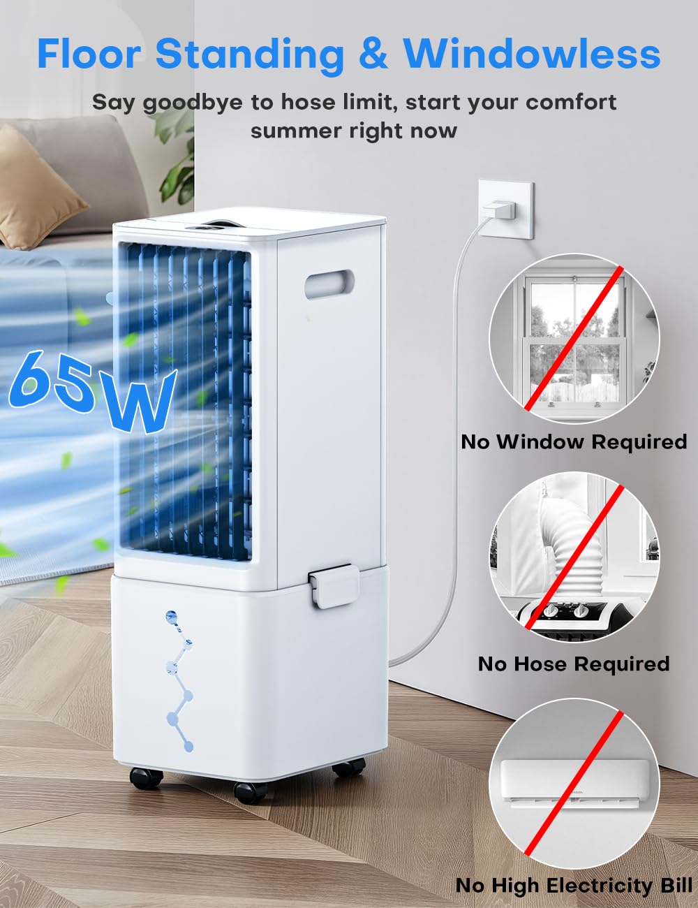 COOLECH Windowless Air Conditioner w/4 Mode & 3 Speed, Waterless Alert, 2.4-Gal Tank for 24H Cooling, 12H Timer,20FT Remote, 70ยฐ Auto Swing Evaporative Air Cooler, Portable Air Conditioner for Bedroom