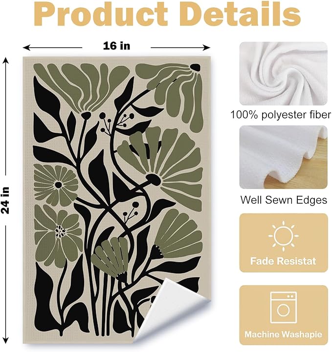 Abstract Dark sage Green and Black Boho Floral Kitchen Towels Set of 2