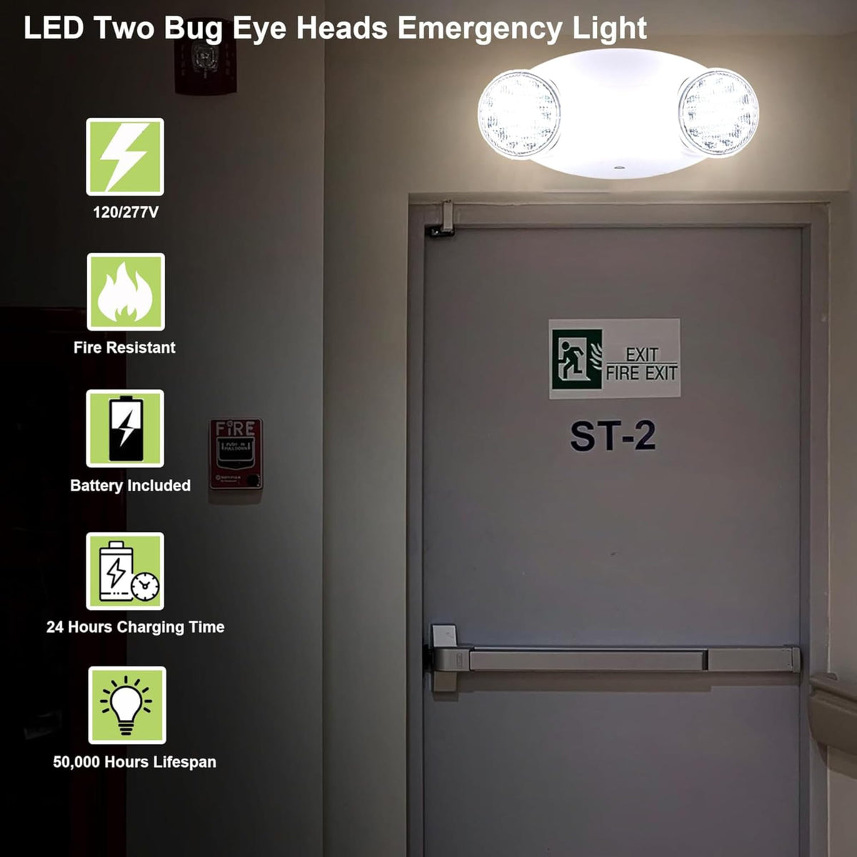 LIT-PaTH LED Emergency Lighting Fixtures with 2 LED Bug Eye Heads and Back Up Batteries- US Standard Exit Light, UL 924 and CEC Qualified, 120/277 Voltage, White, 1-Pack