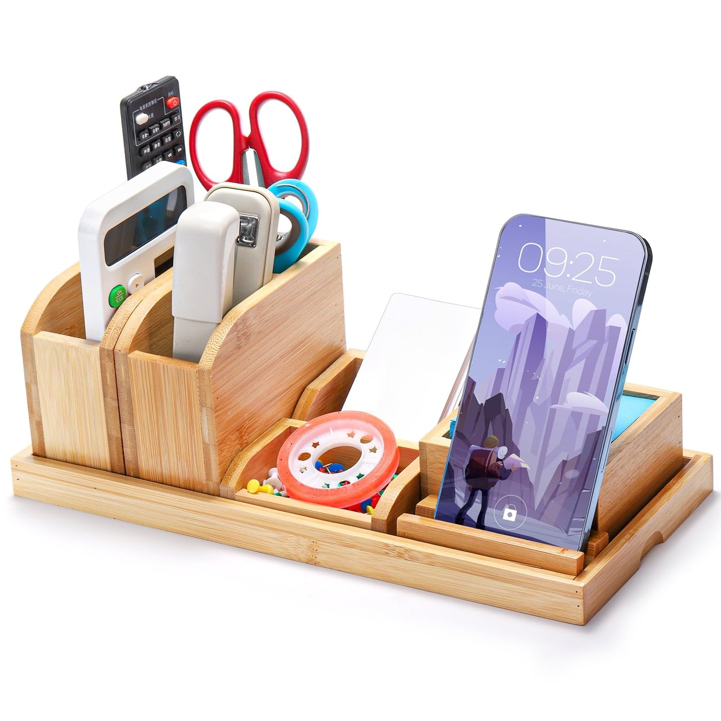 Cididu Bamboo Desk Vanity Tray, 7 Pieces Adjustable Pen Holder Stationery Caddy, Bathroom Vanity Organizer Set, Sturdy Countertop Tray Storage Boxes Office Supplies for Makeup Small Items Home Kitchen