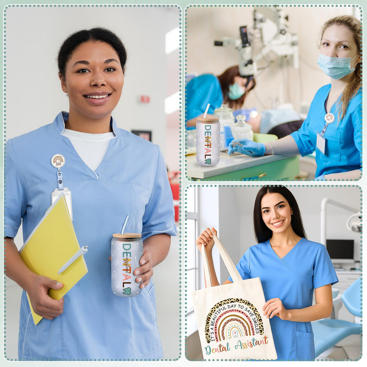 Dingion 5 Pcs Dental Assistant Gifts Set for Women Include 16 oz Glass Cup Tote Bag Cosmetic Bag Badge Holder Socks Appreciation Gifts for Dentist Dental Assistant Hygienist Accessories