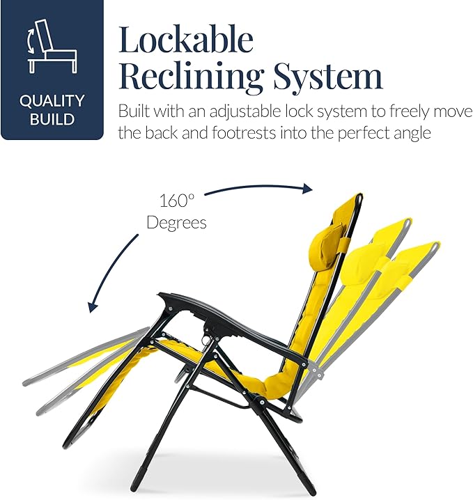Best Choice Products Oversized Padded Zero Gravity Chair, Folding Outdoor Patio Recliner, XL Anti Gravity Lounger for Backyard w/Headrest, Cup Holder, Side Tray, Polyester Mesh - Yellow