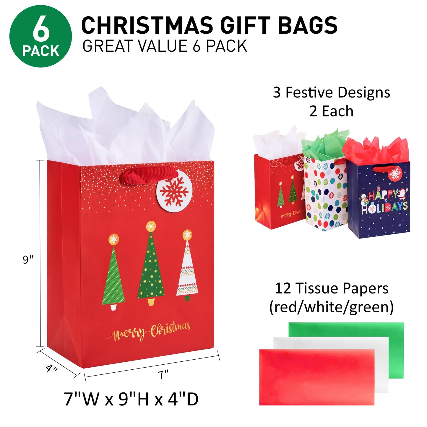 SUNCOLOR Small Christmas Gift Bags with Tissue Paper, 6 Pack Holiday Theme Bags in 3 Festive Designs, 7x9x4 Inches, Red Navy White with 12 Sheets Tissue Paper