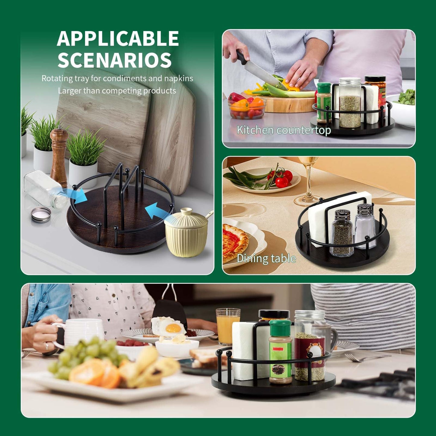 OCMML Napkin Holder for Table,360° Rotating Lazy Susan Turntable Organizer for Cabinet,9 inches Kitchen Table Decor&Counter Tray Can Hold Salt and Pepper Shakers (Dark Brown)