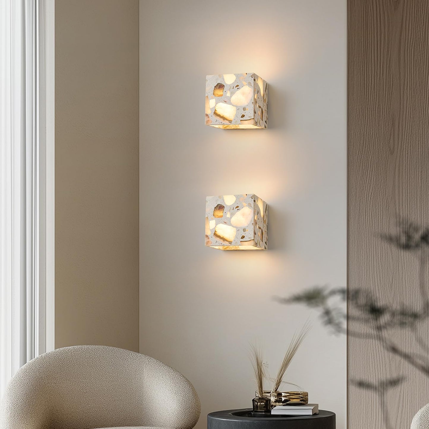 PLSDH Modern Terrazzo Wall Sconce, Handmade Natural Stone Wall Light Fixture, LED wall sconces, Warm Light, Vanity Lamp for Living Room, Bedroom, Hallway, Kitchen Island 6.3in