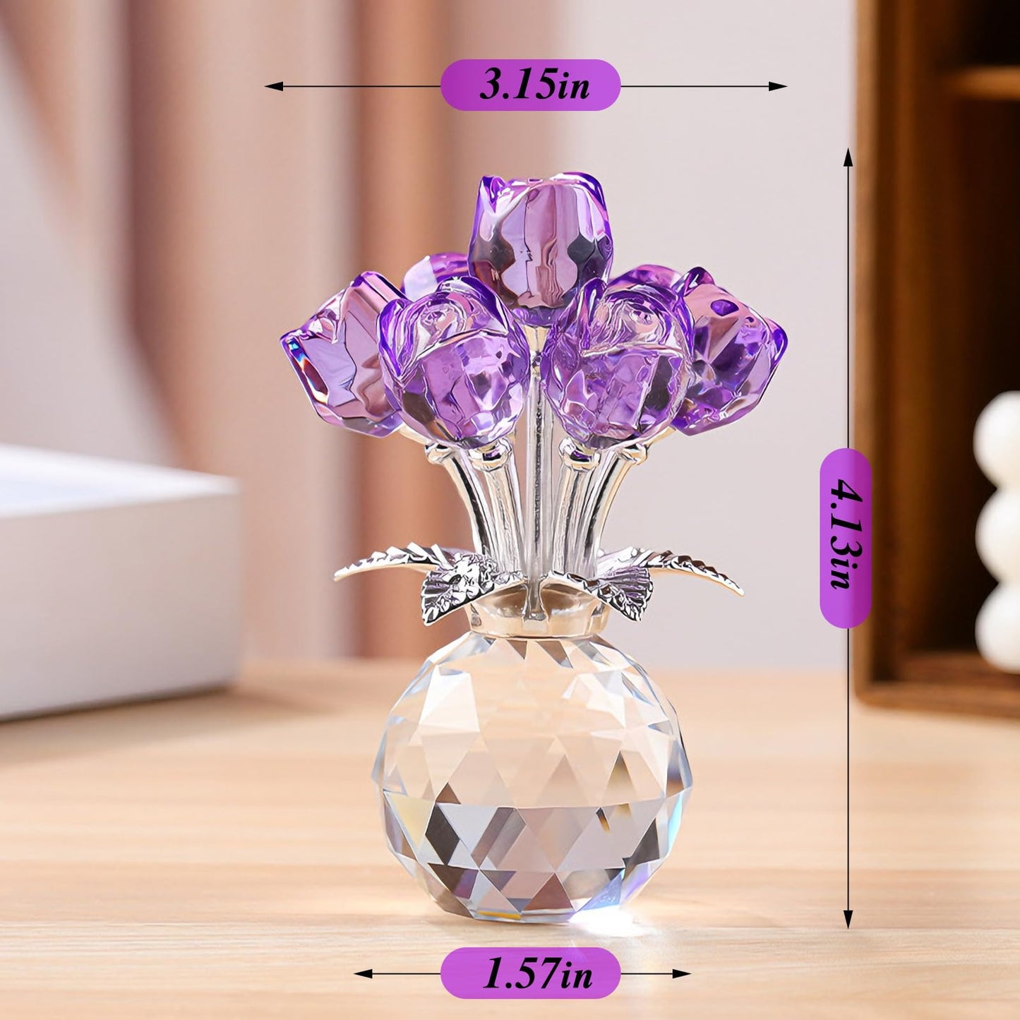 FINGHU Figurine Crystal Purple Rose Flower Collectible Figurine, Rose Gift for Women Glass Flower Statues Decor Valentine's Day Mother's Day Thanksgiving Anniversary and Birthday Gifts