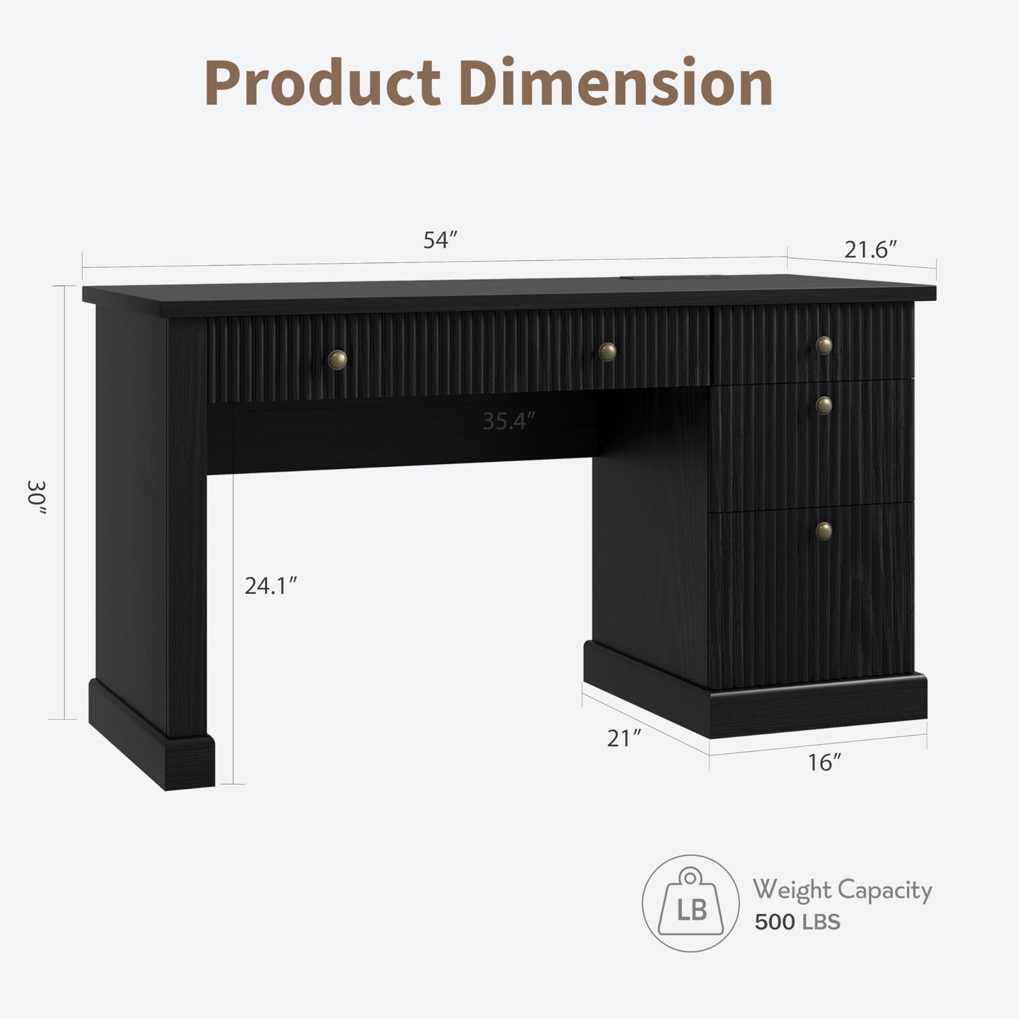 IDEALHOUSE Modern 54" Executive Office Desk with Fluted Details & Charging Station - Wooden Computer Desk with File Drawers, Home Office Storage Desk for Study, Living Room or Bedroom, Black