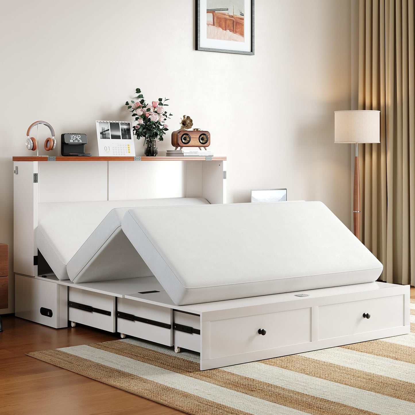 Mjkone Queen Murphy Bed with Tri-Fold Mattress, USB Charging Station & 2 Storage Drawers, Hidden Folding Chest Cabinet Bed, Space Saving Wall Beds for Bedroom Guest Room Living Room-White