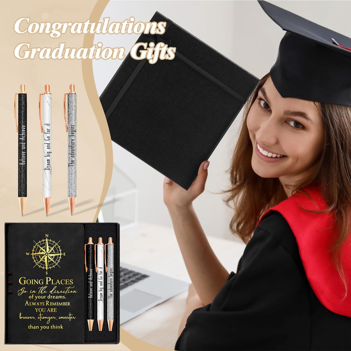 Resurhang 5 Pcs Class of 2026 Graduation Gift Set Inspirational Gifts for Graduation College Motivational Leather Journal Ballpoint Pen with Box for Senior Middle(Black)
