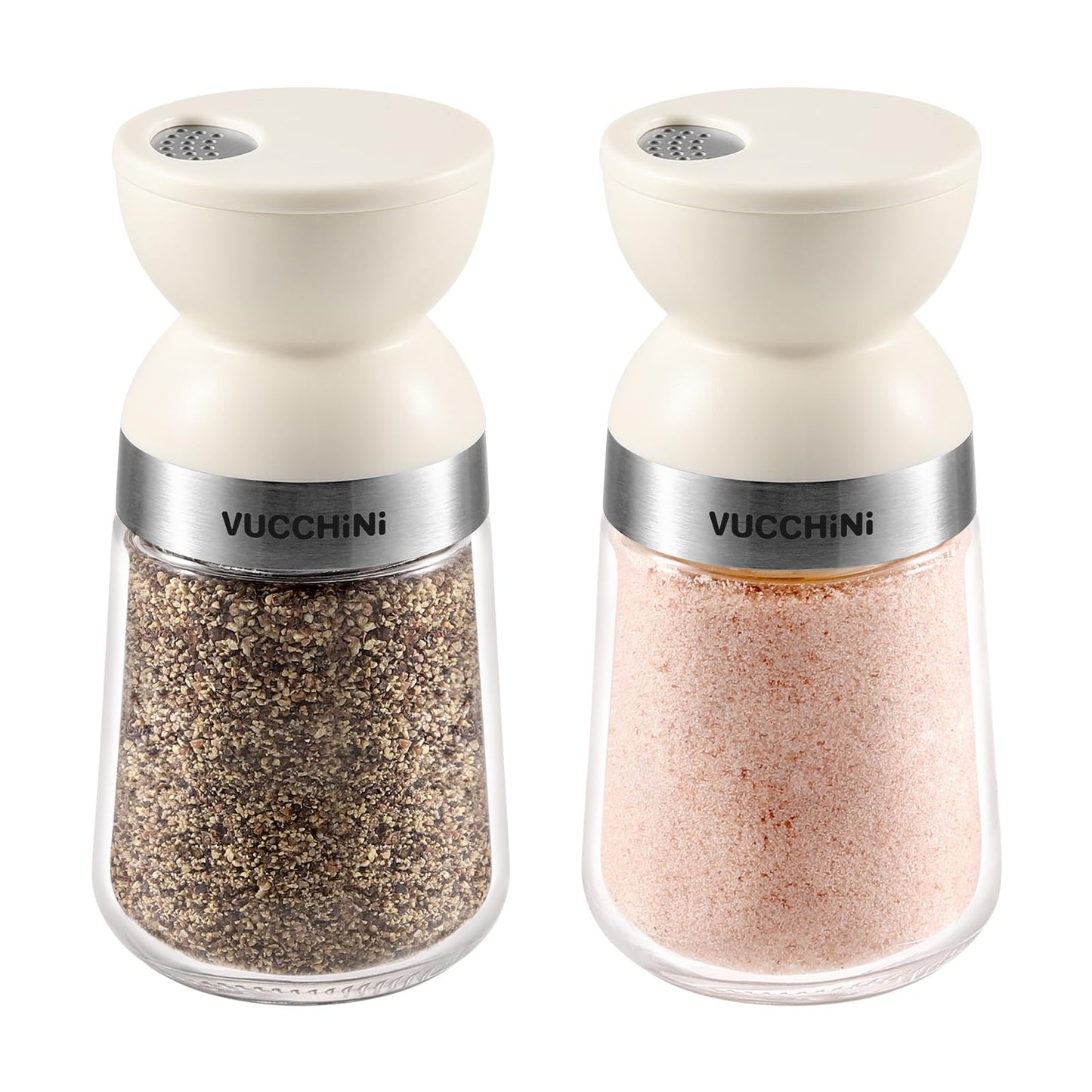 Vucchini Salt and Pepper Shaker Set 3 Adjustable Pour Holes, Dishwasher Safe, 5oz Large Capacity Spice Shaker for Kitchen & Camping (Cream)