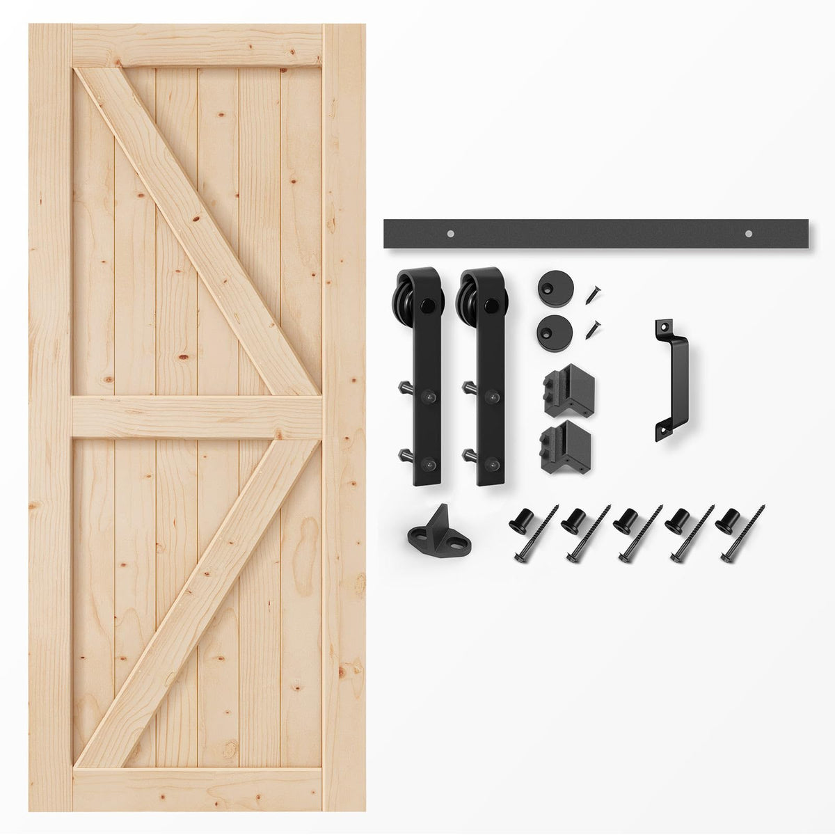 EaseLife 36in x 84in Sliding Barn Door with 6.6FT Barn Door Hardware Kit & Handle Included,Solid Spruce Wood Door,Assemblely Required,Stainable, K-Frame