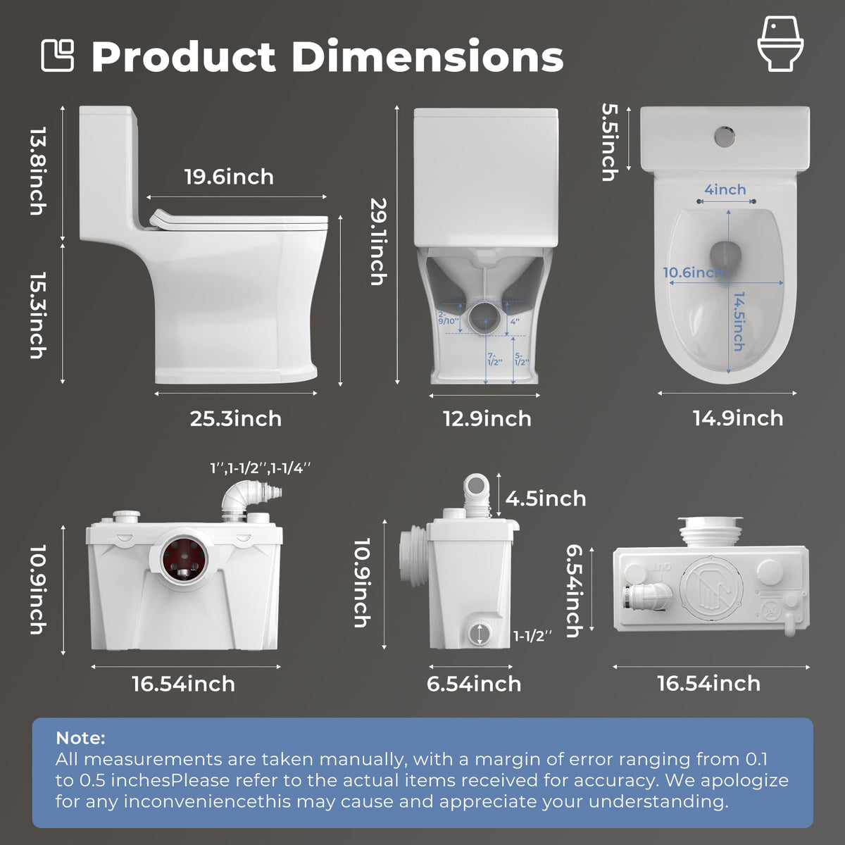 HOCANFLO Upflush Macerating Toilet System, Quiet Copper Motor Grinder Pump with 4 Inlets for Basement Toilet/Sink/Washer/Laundry Wastewater Disposal, One Piece Full Skirt, Nano-Glazed, 23ft Lifting Up