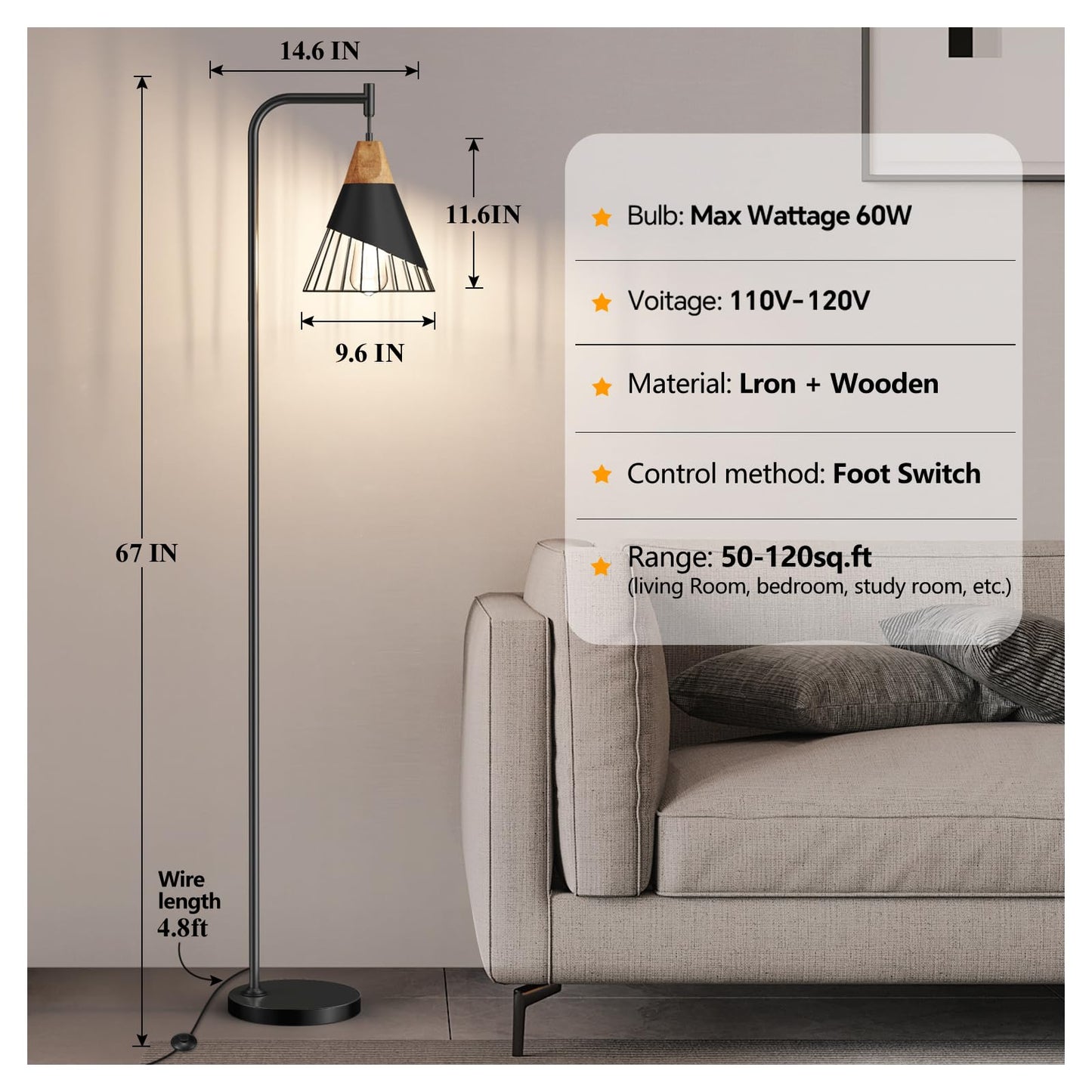 Alrryo 67" Industrial Floor Lamp with Wood & Black Metal Shade, Modern Standing Lamp, Rustic Farmhouse Tall Lamp for Living Room Bedroom Office, 2700K Bulb & Foot Switch Included (Black)