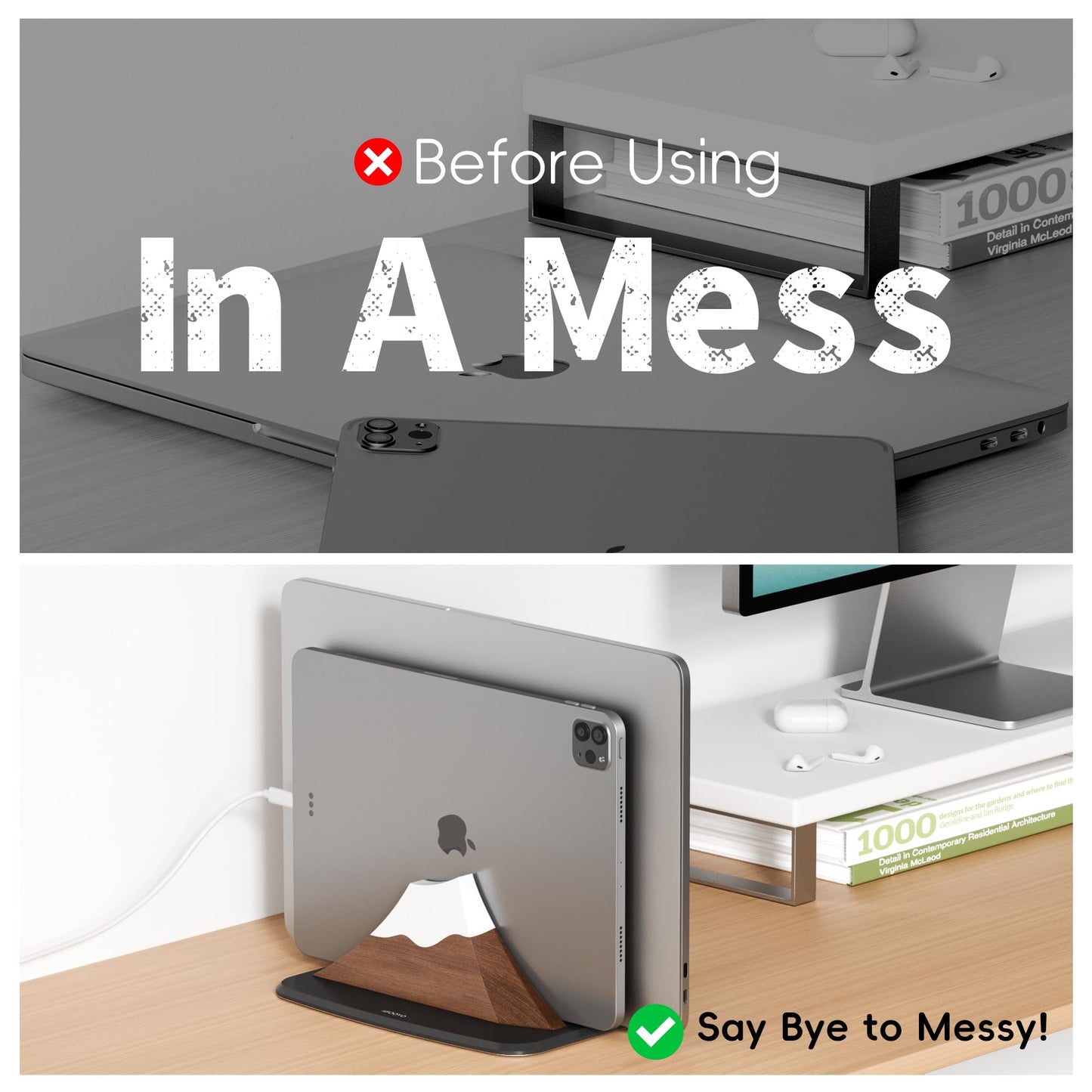 AFOOYO Vertical Dual Laptop Stand - Snow Peak-Shaped Walnut Adjustable Laptop Holder,2 Slots Desktop Dock Compatible with All MacBook, Surface,Chromebook,Dell & More(Walnut)