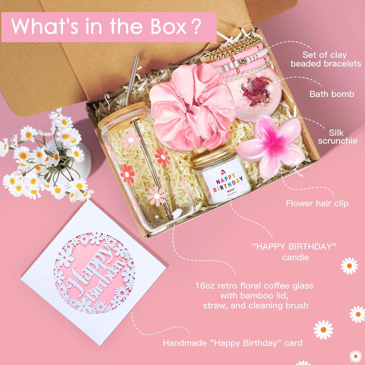 iAOVUEBY Birthday Gifts for Women, Teen Girl Gifts, Birthday Gift for Her, Happy Bday Gift Box for Girl, Women, Sister, Daughter, Best Friend, Friendship, Cute Daisy Glass Cup Set 7PCS, 16oz, Pink