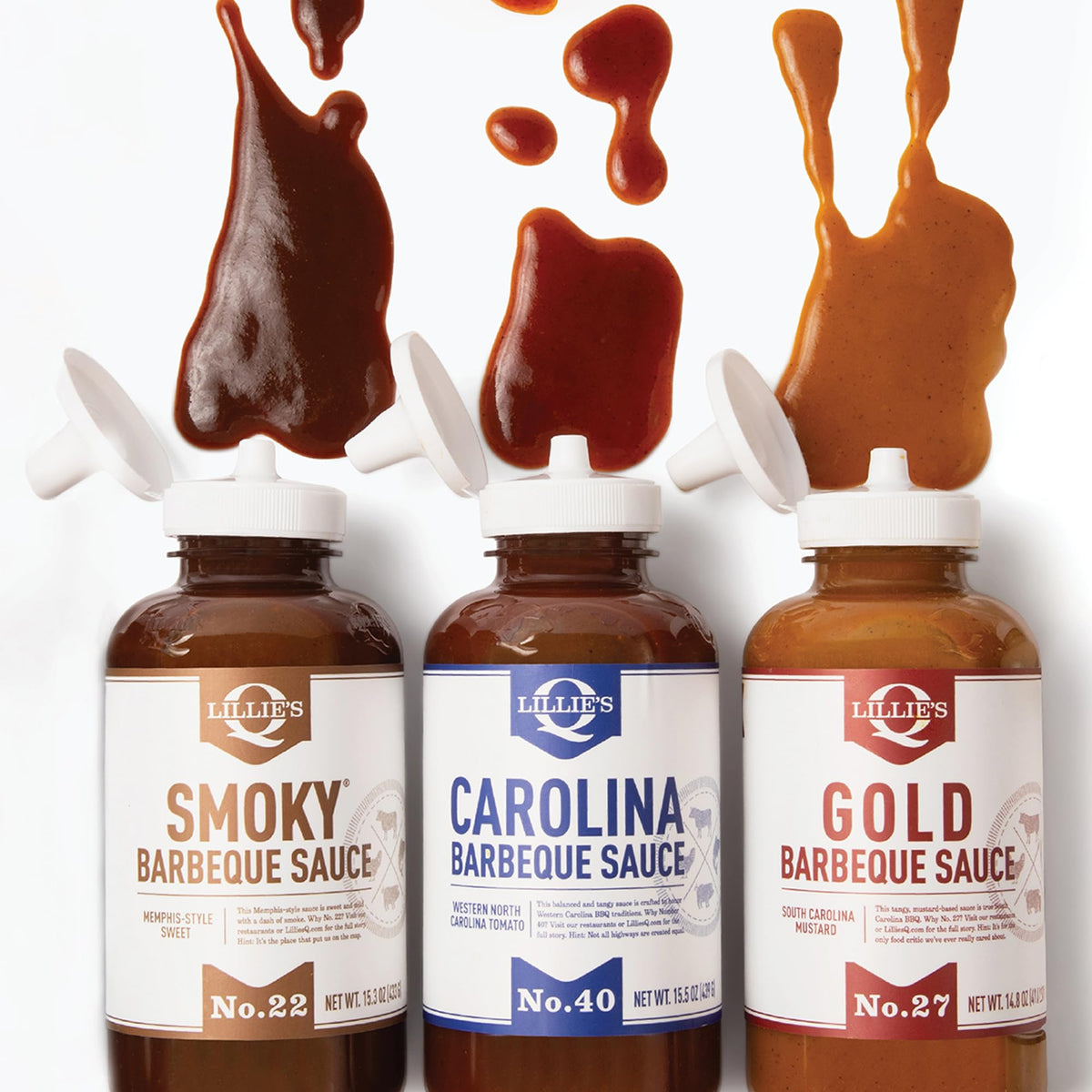 Lillie's Q - Smoky (15.3oz), Gold (14.8oz) & Carolina BBQ (15.5oz) Sauce Combo, Gluten-Free, Non-GMO, No Preservatives, Gourmet Mustard, Sweet & Vinegar Based BBQ (3-pack)