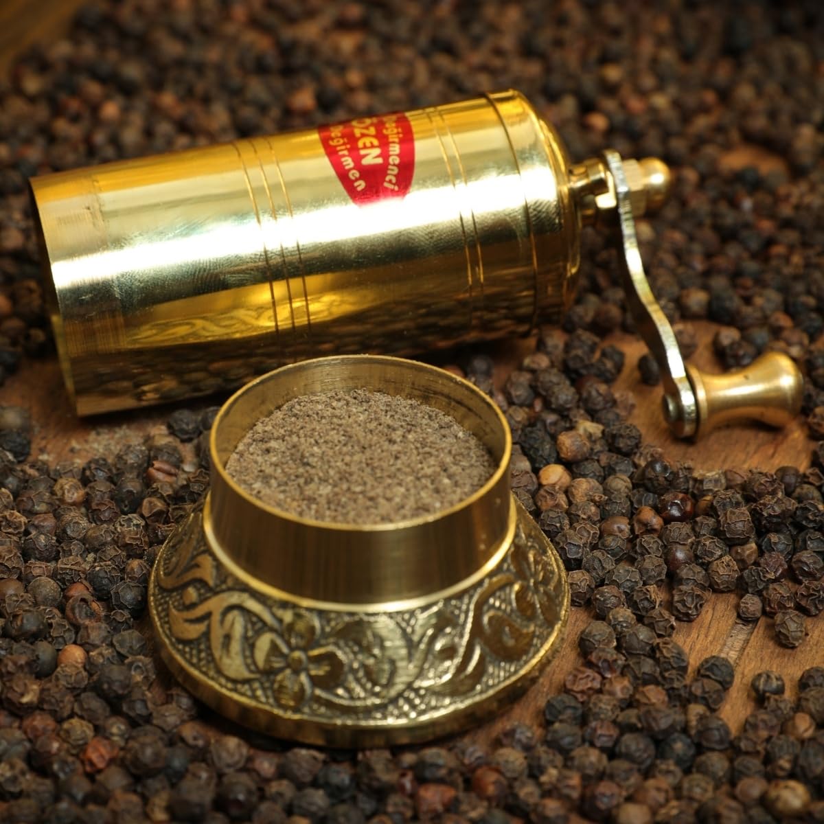 Sozen 4.3" Manual Pepper Grinder Brass – Handmade Turkish Pepper Mill, Conical Burr Spice Grinder, Portable Hand Crank Mill for Salt, Peppercorns, and Other Spices with Durable Brass Decor